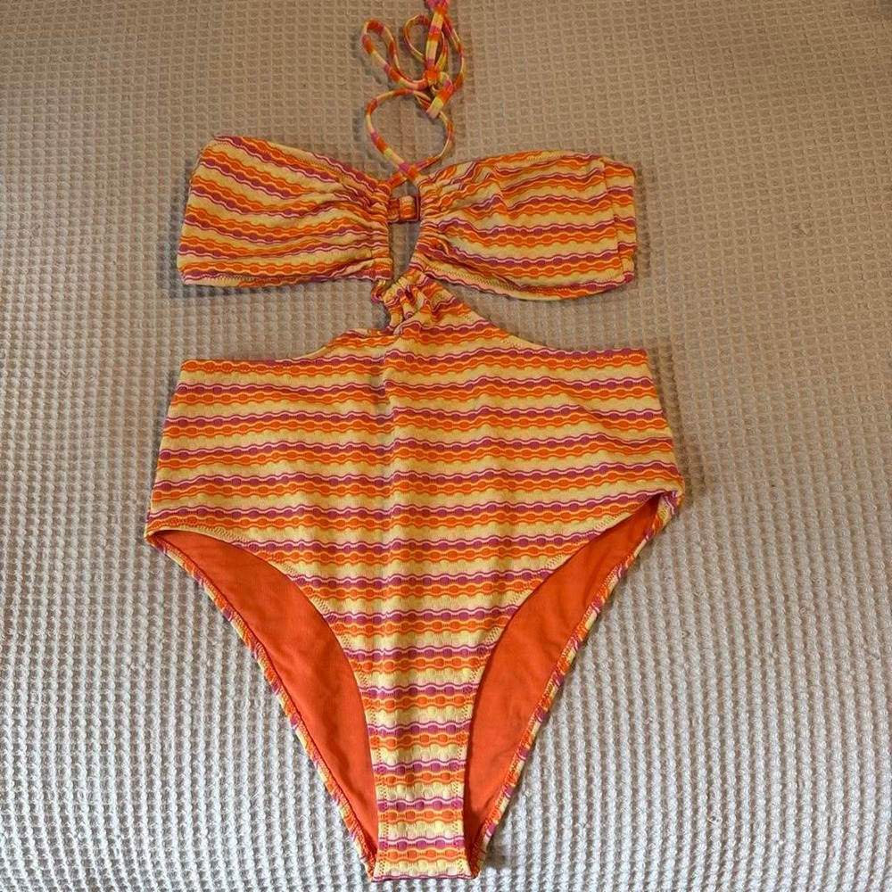 Aerie 70s Style Striped Cutout Monokini Halter One Piece Swimsuit